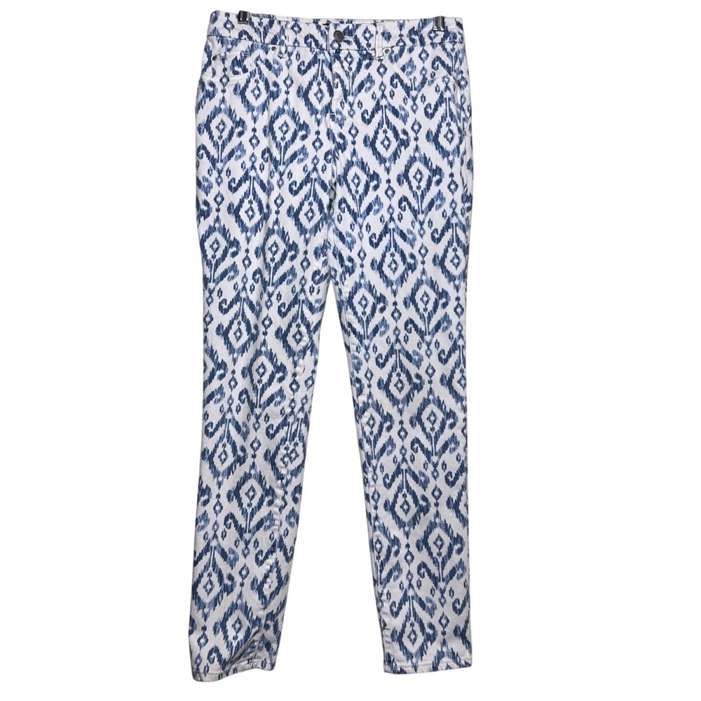 Chicos So Slimming Pants 0 S 4 Blue White Ikat Print Girlfriend Ankle‎ Trousers